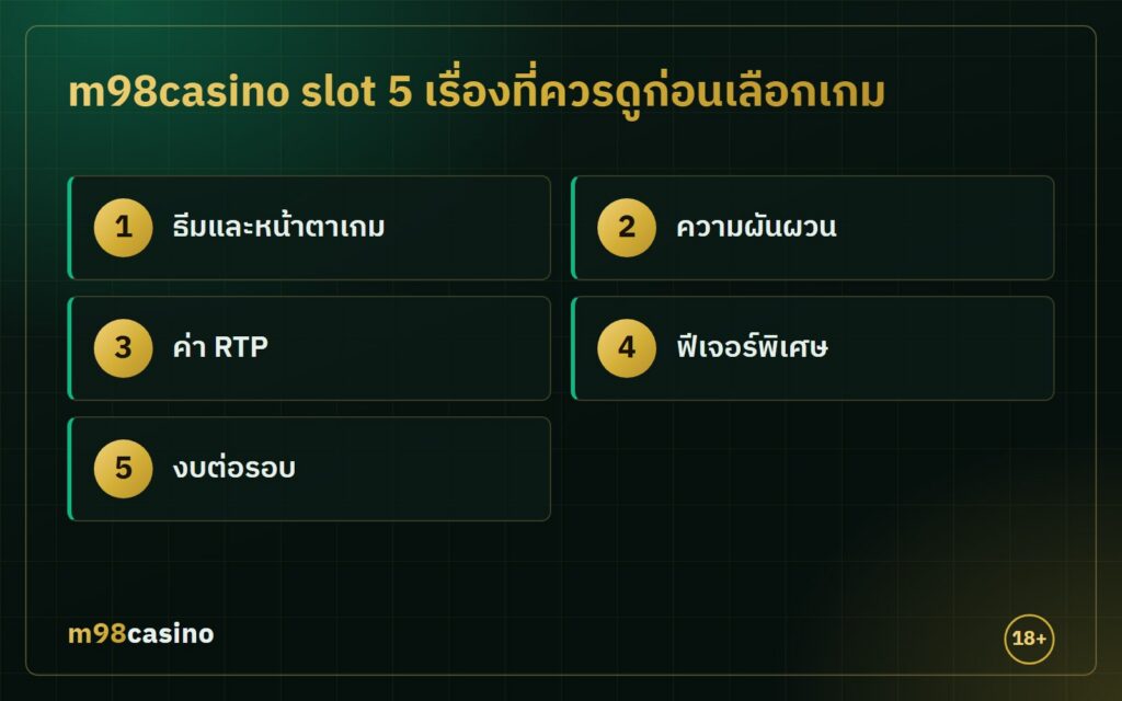 m98casino slot 5 เรื่องที่ควรดูก่อนเลือกเกม ธีม ความผันผวน RTP ฟีเจอร์ และงบต่อรอบ